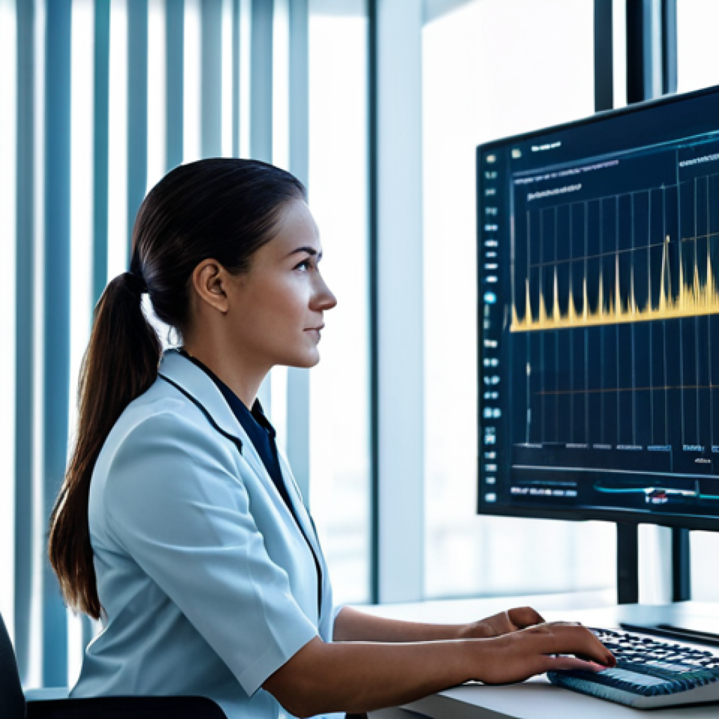 A professional female speech therapist in a modest business suit, focused on a large, sleek monitor displaying intricate AI-driven speech waveform analysis and detailed data visualizations in a clean, modern, high-tech clinic. The environment is well-lit with futuristic ambient lighting, showing advanced technology integrated into a professional healthcare setting. She has perfect anatomy, correct proportions, and a natural pose, with well-formed hands and proper finger count. safe for work, appropriate content, fully clothed, professional dress, natural body proportions, professional photography, high resolution, realistic.