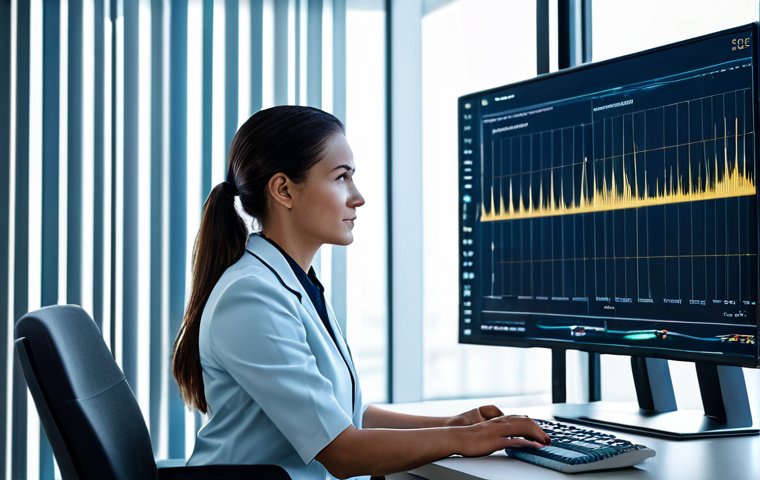 A professional female speech therapist in a modest business suit, focused on a large, sleek monitor displaying intricate AI-driven speech waveform analysis and detailed data visualizations in a clean, modern, high-tech clinic. The environment is well-lit with futuristic ambient lighting, showing advanced technology integrated into a professional healthcare setting. She has perfect anatomy, correct proportions, and a natural pose, with well-formed hands and proper finger count. safe for work, appropriate content, fully clothed, professional dress, natural body proportions, professional photography, high resolution, realistic.