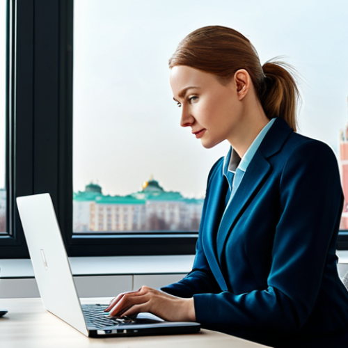 Home 19 ** A professional woman, fully clothed in a modest business dress, working on a laptop in a bright, modern office with a Moscow cityscape visible through the window. Appropriate attire, safe for work, perfect anatomy, natural proportions, professional.
**