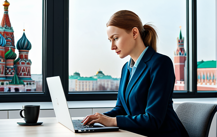 ** A professional woman, fully clothed in a modest business dress, working on a laptop in a bright, modern office with a Moscow cityscape visible through the window. Appropriate attire, safe for work, perfect anatomy, natural proportions, professional.
**