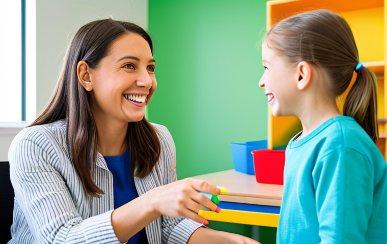 구술 발달과 치료 - **A child happily playing a speech therapy game with a friendly female speech therapist in a bright,...