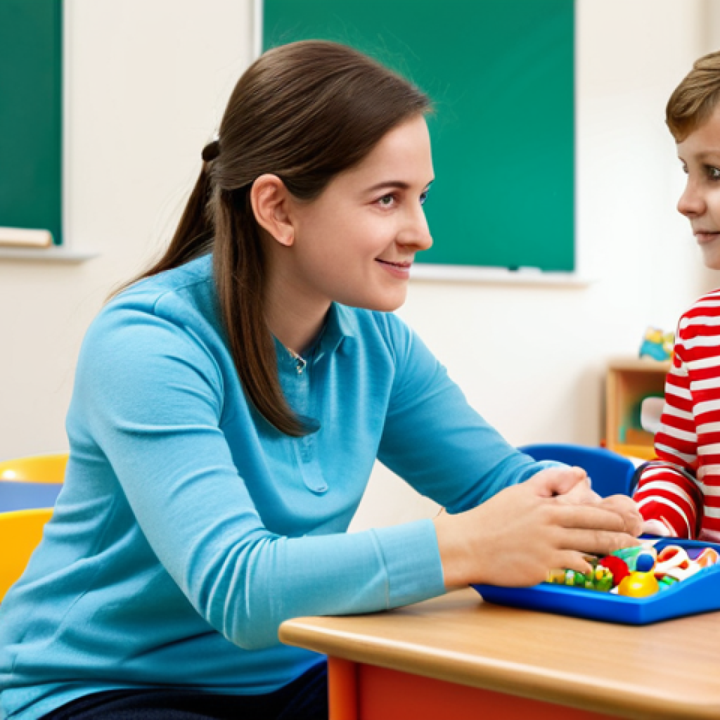 청각장애인의 언어 치료 - **A child in a classroom setting, fully clothed in appropriate attire, participating in a speech the...