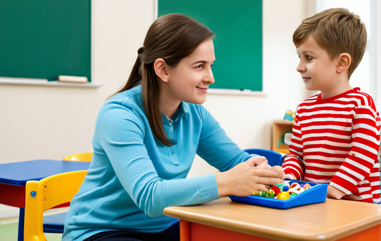 청각장애인의 언어 치료 - **A child in a classroom setting, fully clothed in appropriate attire, participating in a speech the...