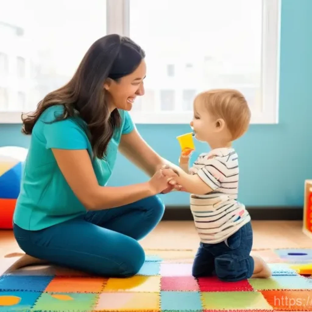 언어치료의 중요성 - **A warm and inviting modern speech therapy room.** A kind female speech therapist, dressed in comfo...