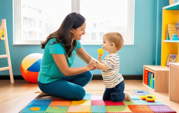 언어치료의 중요성 - **A warm and inviting modern speech therapy room.** A kind female speech therapist, dressed in comfo...