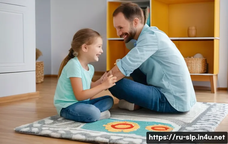 청각장애 언어치료 - A heartwarming scene of a loving Russian family in their home. A mother and father, both dressed in ...