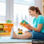 언어 장애 평가 도구 - A warm and inviting therapy room setting showing a young Russian-speaking child wearing a colorful d...