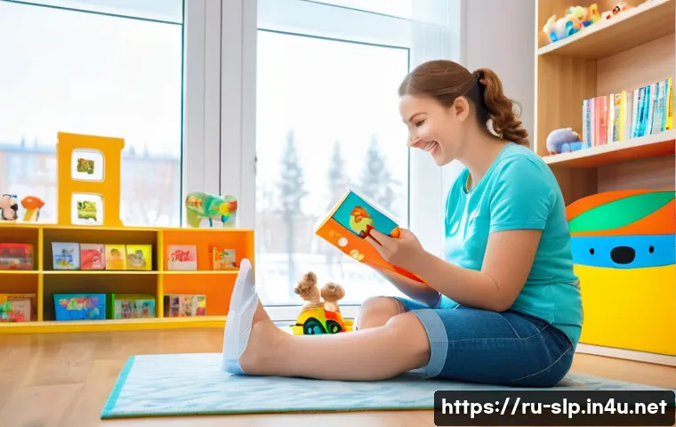 언어 장애 평가 도구 - A warm and inviting therapy room setting showing a young Russian-speaking child wearing a colorful d...