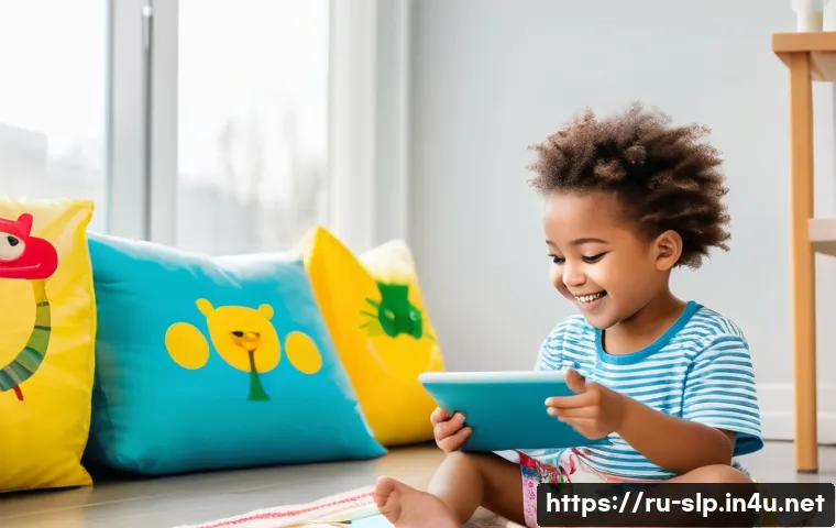 언어치료학 응용 사례 - A bright and cheerful speech therapy session with a young child wearing a colorful diaper, engaged i...