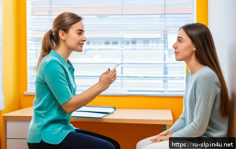 구술치료 과정 - A professional speech therapist working with a young adult Russian woman in a modern therapy room, f...