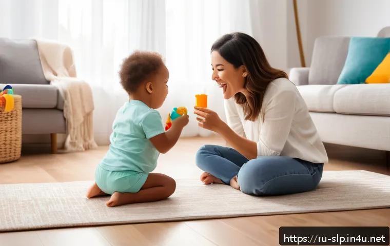 언어 장애를 가진 아동 치료 - A cozy, bright home setting where a mother and her toddler (wearing a diaper) are engaged in playful...