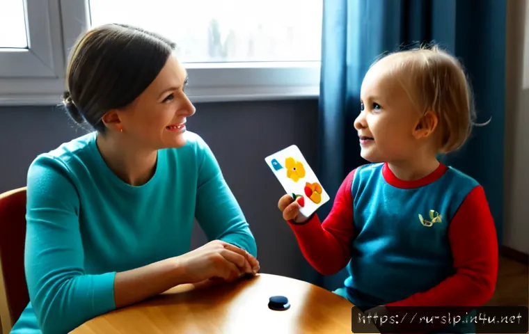 Home 17 대상별 언어치료법 - Photorealistic speech therapy session for a preschool child: warm Russian family home, friendly fema...