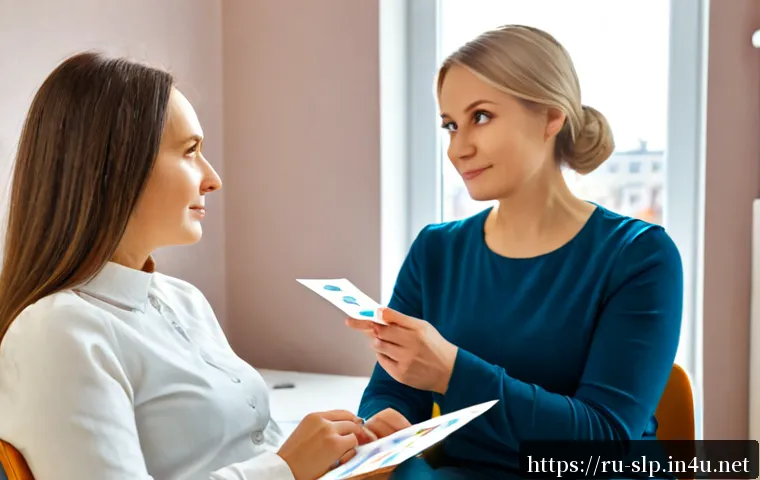 언어장애와 정신 건강 - Photorealistic scene of a Russian-speaking adult woman in a calm modern therapy office, thoughtfully...
